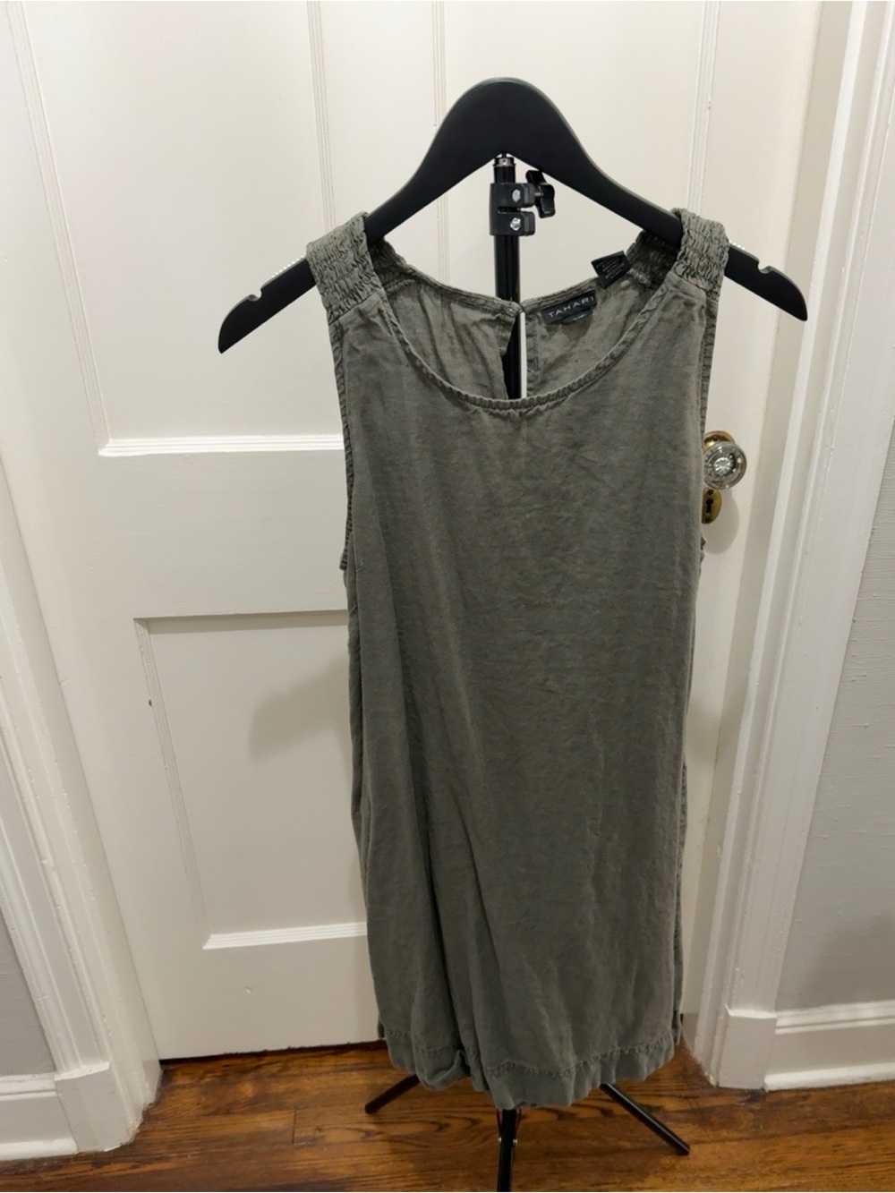 Tahari Olive Green Sleeveless Smocked-Strap Shift Dress